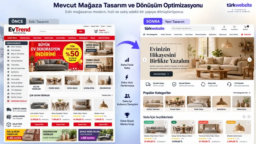 Mevcut kozmetik mağazasının modern tasarım ve satış odaklı e-ticaret sitesine dönüşüm karşılaştırması
