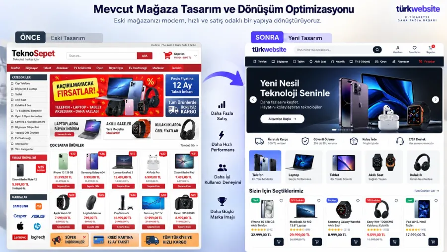 Mobilya ve dekorasyon mağazası için eski ve yeni e-ticaret sitesi tasarım dönüşüm örneği