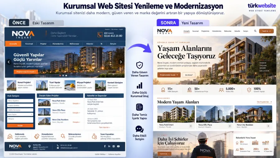 Kurumsal web sitesi yenileme hizmeti ile inşaat firmasının eski ve yeni site tasarımı karşılaştırması