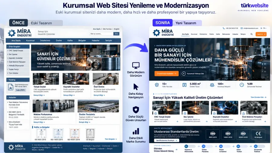 Sanayi firması için kurumsal web sitesi modernizasyonu ve eski yeni tasarım dönüşüm örneği
