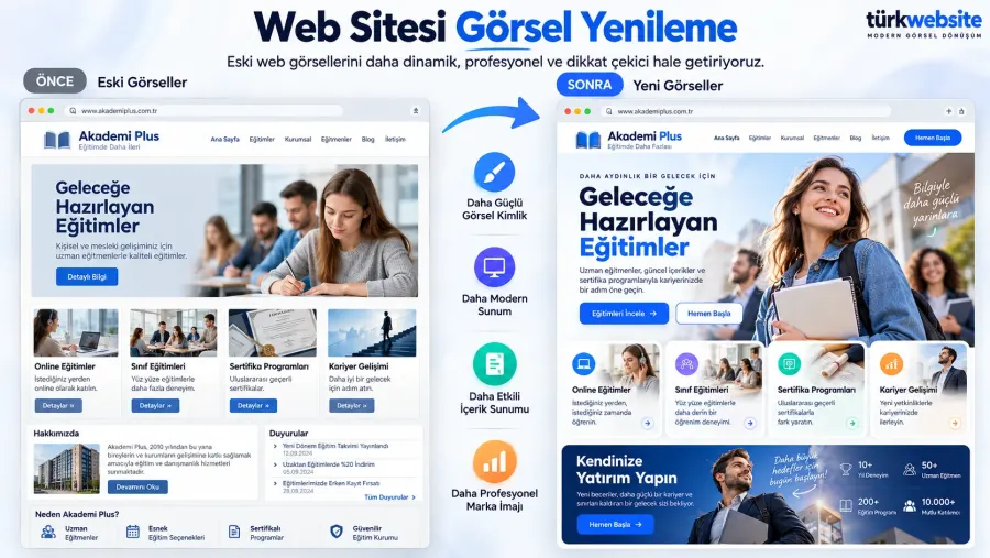 Diş kliniği web sitesi görsel yenileme öncesi ve sonrası modern tasarım karşılaştırması