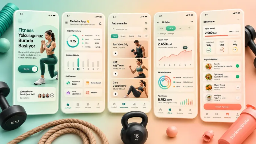TürkWebsite fitness mobil uygulama tasarımı, antrenman takibi, beslenme planı ve kullanıcı paneli örnekleri