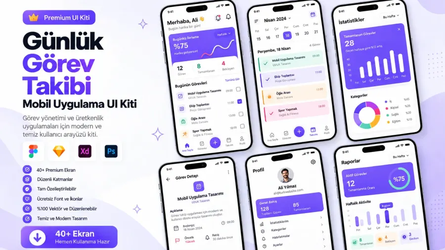TürkWebsite günlük görev takibi mobil uygulama tasarımı, modern kullanıcı arayüzü ve görev yönetimi ekranları