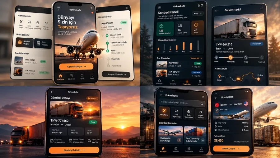 TürkWebsite lojistik mobil uygulama tasarımı, kargo takip sistemi, gönderi yönetimi ve taşımacılık arayüzü