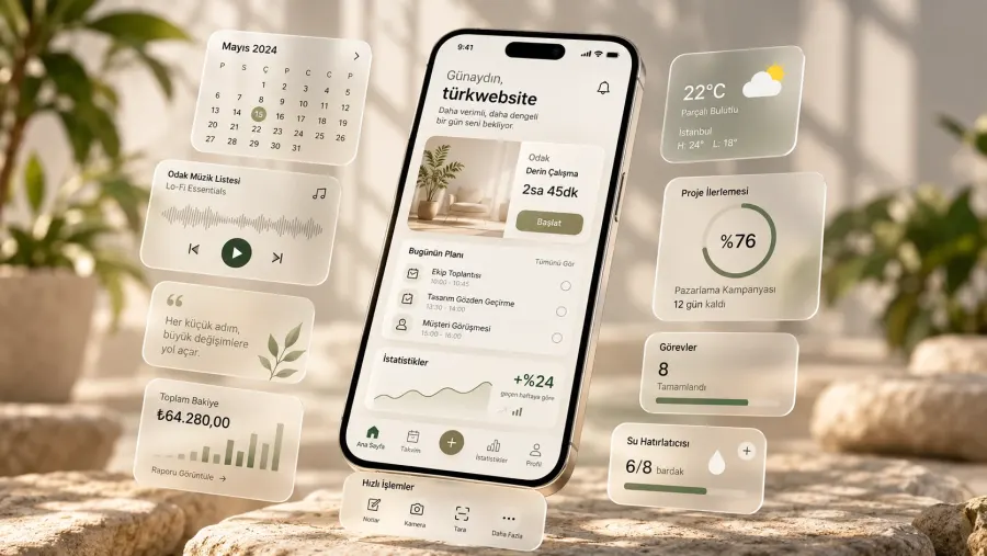 TürkWebsite modern mobil uygulama arayüzü, günlük planlama, görev takibi ve verimlilik paneli tasarımı