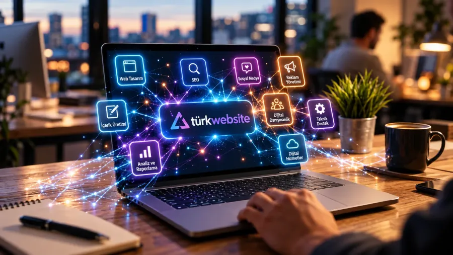 TürkWebsite web tasarım, SEO, sosyal medya yönetimi ve dijital reklam hizmetlerini gösteren dijital çözüm ağı