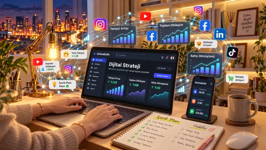 TürkWebsite sosyal medya yönetimi, dijital pazarlama stratejisi, takipçi analizi ve etkileşim raporlama ekranı