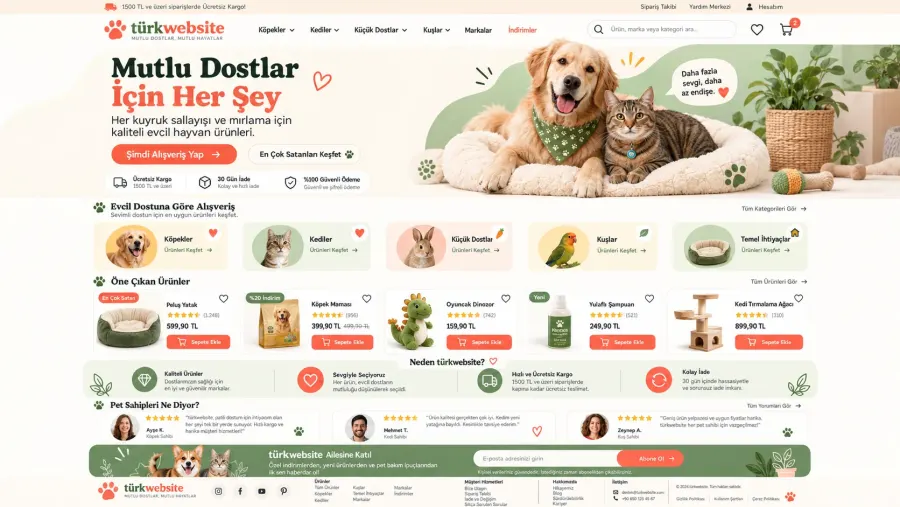 TürkWebsite petshop e-ticaret sitesi tasarımı, kedi ve köpek ürünleri, evcil hayvan kategorileri ve online pet mağazası
