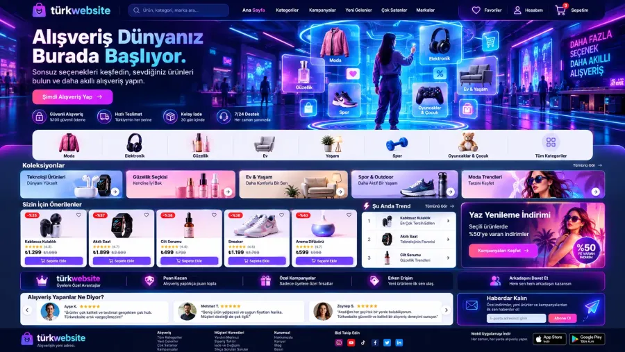 TürkWebsite yenilikçi e-ticaret sitesi tasarımı, neon renkli alışveriş arayüzü, dijital ürün vitrini ve modern kullanıcı deneyimi