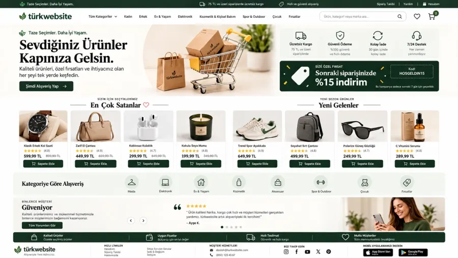 TürkWebsite modern e-ticaret sitesi tasarımı, ürün kategorileri, alışveriş sepeti, kampanya alanları ve online mağaza arayüzü