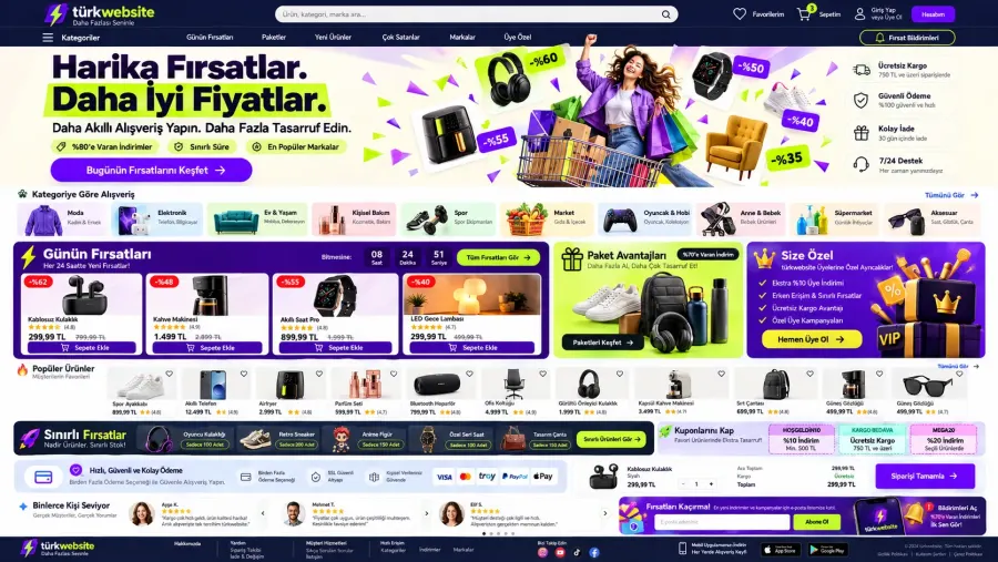 TürkWebsite indirim ve kampanya odaklı e-ticaret sitesi tasarımı, günlük fırsatlar, ürün listeleri ve online alışveriş arayüzü