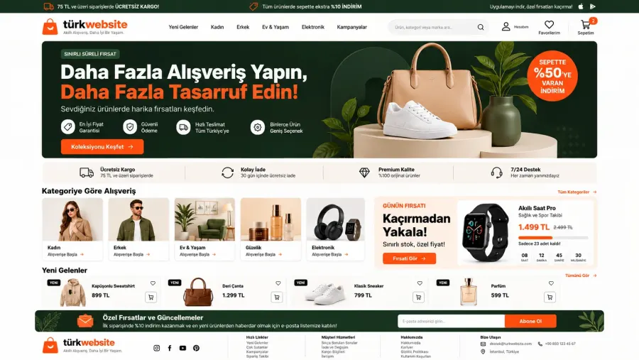 TürkWebsite profesyonel e-ticaret web tasarımı, mobil uyumlu online mağaza, ürün vitrini ve güvenli alışveriş arayüzü