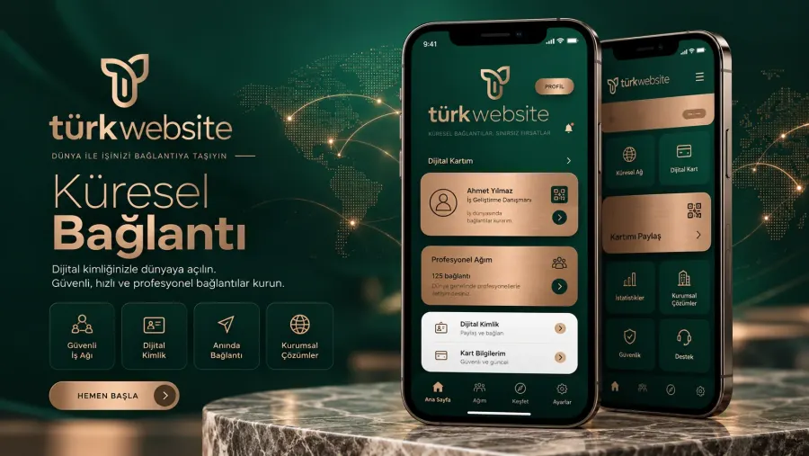 TürkWebsite kurumsal mobil uygulama tasarımı, dijital kartvizit, profesyonel iş ağı ve bağlantı yönetimi ekranları