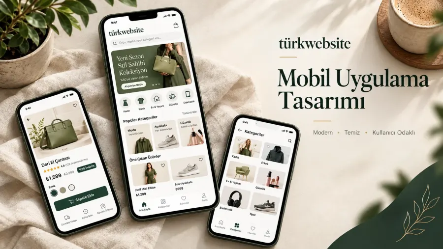 TürkWebsite e-ticaret mobil uygulama tasarımı, ürün kategorileri, alışveriş sepeti ve kullanıcı dostu mağaza arayüzü