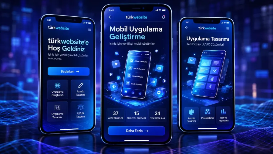 TürkWebsite mobil uygulama geliştirme, modern UI UX arayüz tasarımı, prototipleme ve uygulama ekranı örnekleri