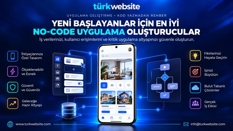 TürkWebsite kod yazmadan mobil uygulama geliştirme, no-code uygulama oluşturucu ve kullanıcı arayüzü tasarım örneği