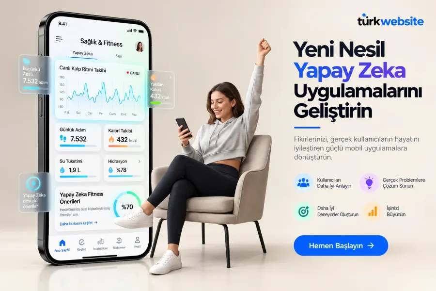 TürkWebsite yapay zeka destekli mobil uygulama geliştirme, sağlık ve fitness takip ekranları, akıllı analiz ve kullanıcı arayüzü tasarımı