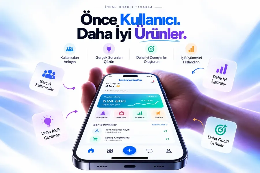 TürkWebsite kullanıcı odaklı mobil uygulama UI UX tasarımı, modern gösterge paneli, kullanıcı deneyimi ve dijital ürün geliştirme