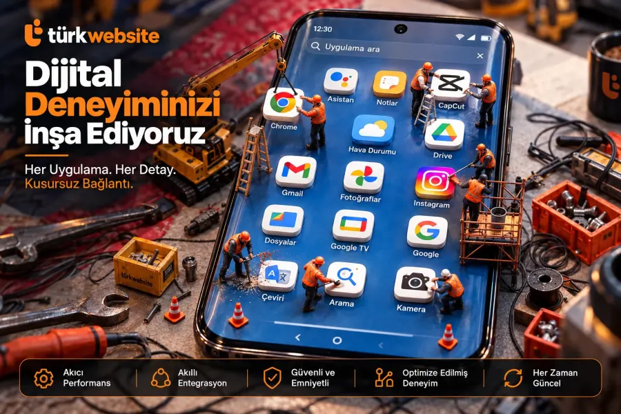 TürkWebsite mobil uygulama geliştirme ve entegrasyon konsepti, uygulama simgeleri, yazılım optimizasyonu ve teknik geliştirme süreci