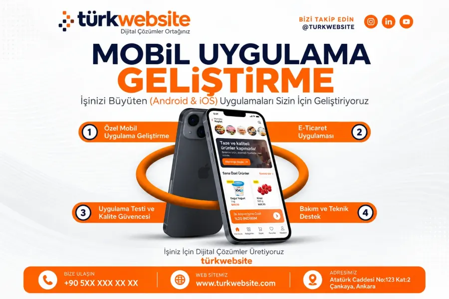 TürkWebsite işletmelere özel mobil uygulama geliştirme, finans, sağlık, eğitim ve e-ticaret sektörlerine yönelik uygulama arayüzleri
