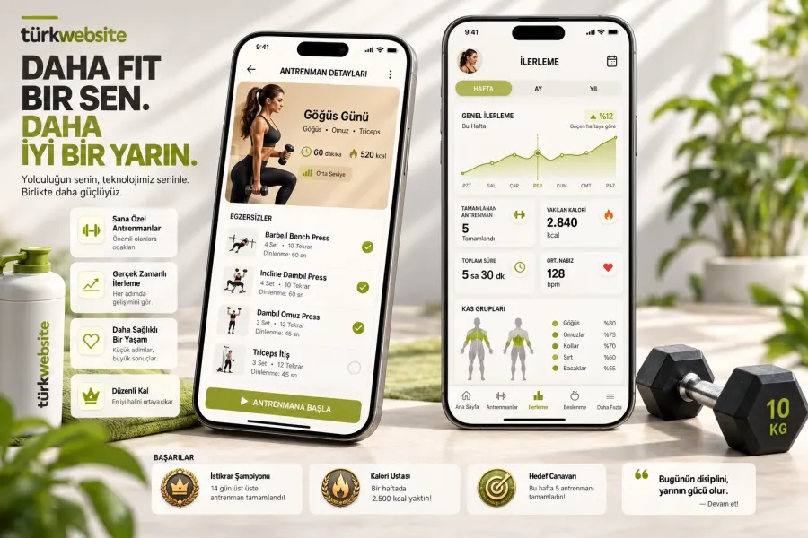 TürkWebsite fitness mobil uygulama tasarımı, kişisel antrenman programı, egzersiz takibi ve performans analiz ekranları