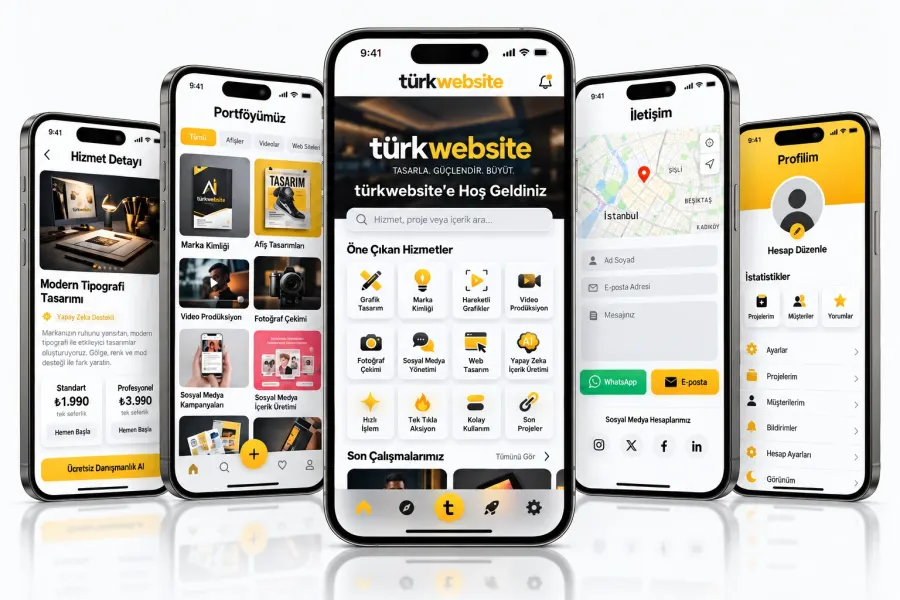 TürkWebsite mobil uygulama arayüz tasarımı, dijital hizmetler, portföy, iletişim ve kullanıcı profili ekranları