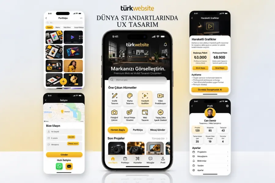 TürkWebsite premium mobil uygulama UI UX tasarımı, grafik tasarım portföyü, hizmetler ve kullanıcı arayüzü örnekleri