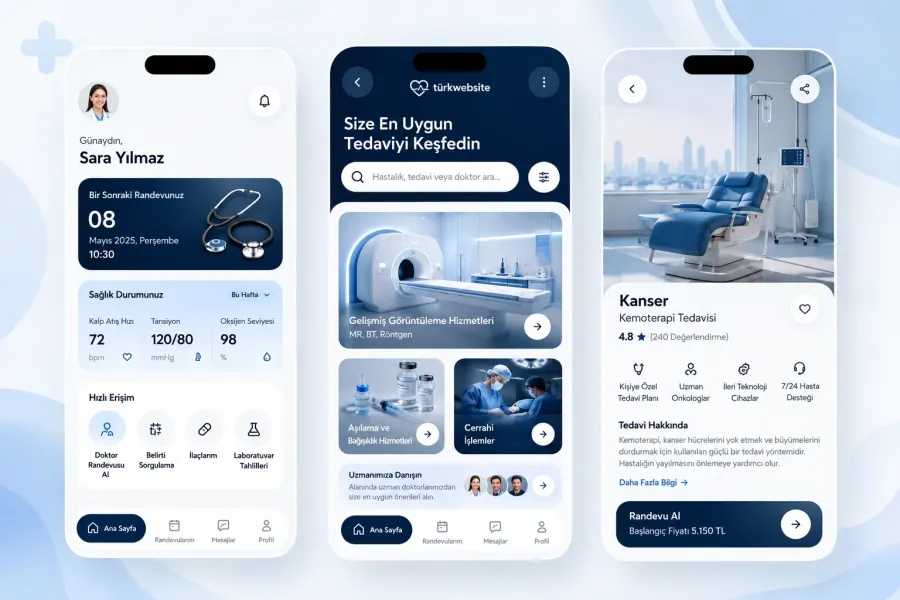 TürkWebsite sağlık mobil uygulaması tasarımı, doktor randevusu, sağlık takibi ve tedavi hizmetleri ekranları