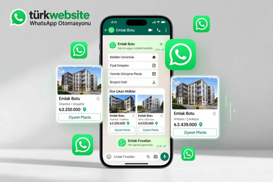 TürkWebsite emlak WhatsApp chatbot tasarımı, otomatik ilan paylaşımı, gayrimenkul fiyat bilgileri ve müşteri randevu sistemi
