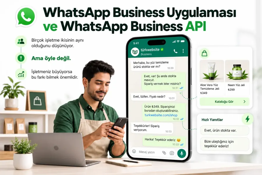 TürkWebsite WhatsApp Business API entegrasyonu, otomatik müşteri mesajları, ürün kataloğu, hızlı yanıtlar ve işletme iletişim yönetimi