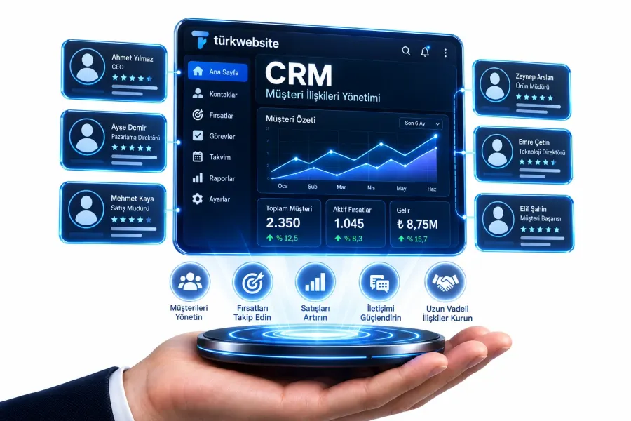 TürkWebsite CRM yazılımı tasarımı, müşteri ilişkileri yönetimi, satış fırsatları takibi, müşteri analizi ve raporlama paneli