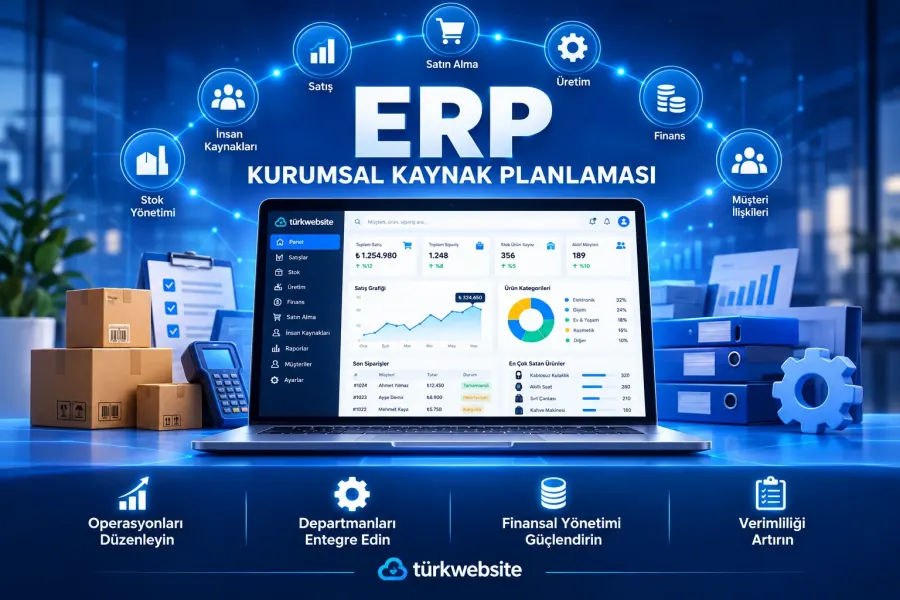 TürkWebsite ERP yazılımı, kurumsal kaynak planlaması, finans, üretim, insan kaynakları, stok ve satın alma yönetimi paneli
