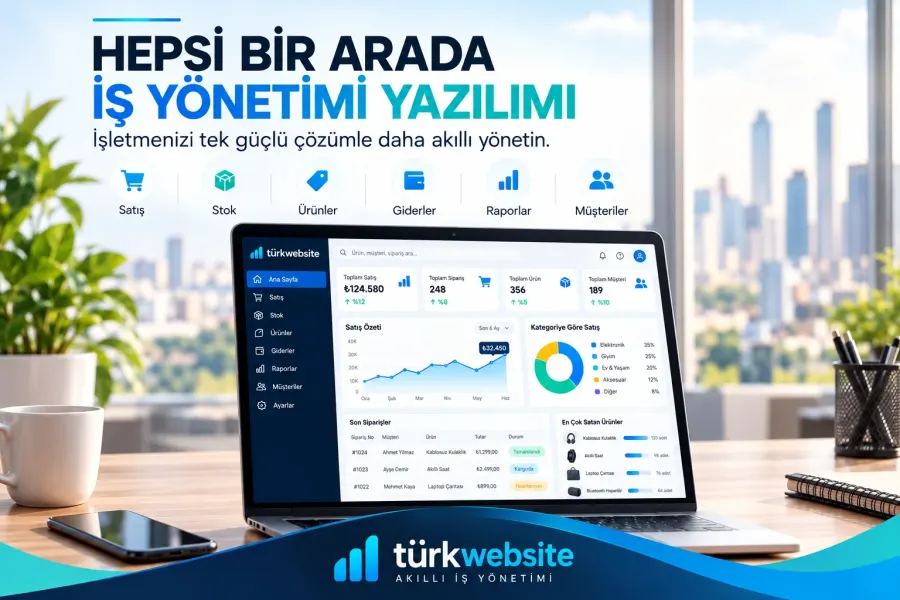 TürkWebsite işletmelere özel iş yönetimi yazılımı, satış, stok, ürün, gider, müşteri ve raporlama ekranlarını içeren yönetim paneli