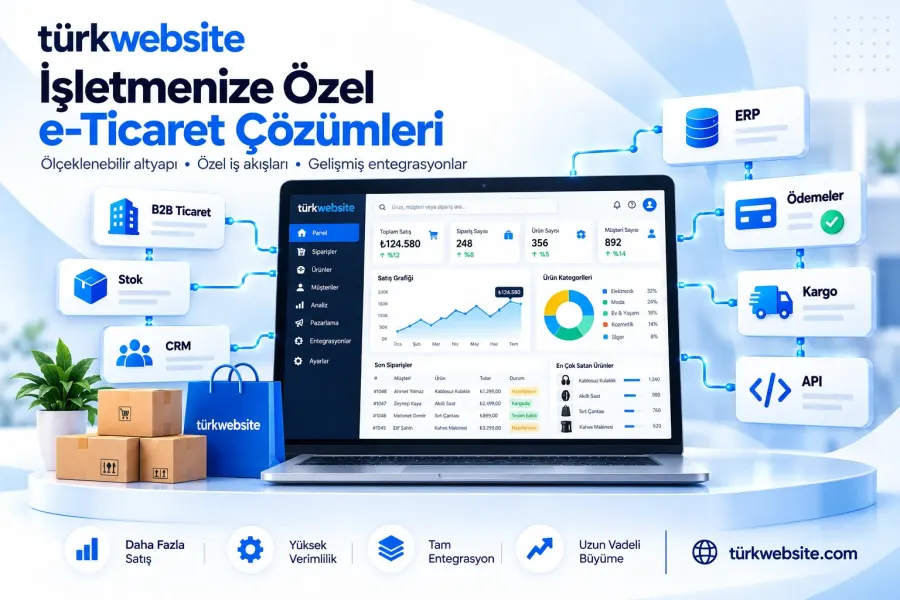 TürkWebsite özel e-ticaret yazılımı geliştirme, B2B ticaret, ERP, CRM, stok yönetimi, ödeme ve kargo entegrasyonları