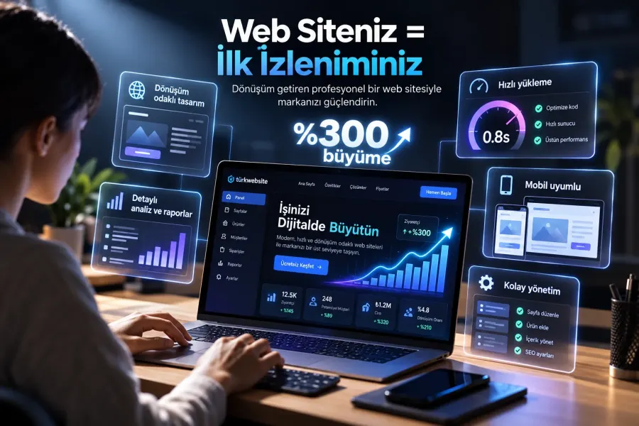 TürkWebsite profesyonel web sitesi tasarımı, mobil uyumlu web arayüzü, hızlı yükleme, performans analizi ve dijital büyüme görseli