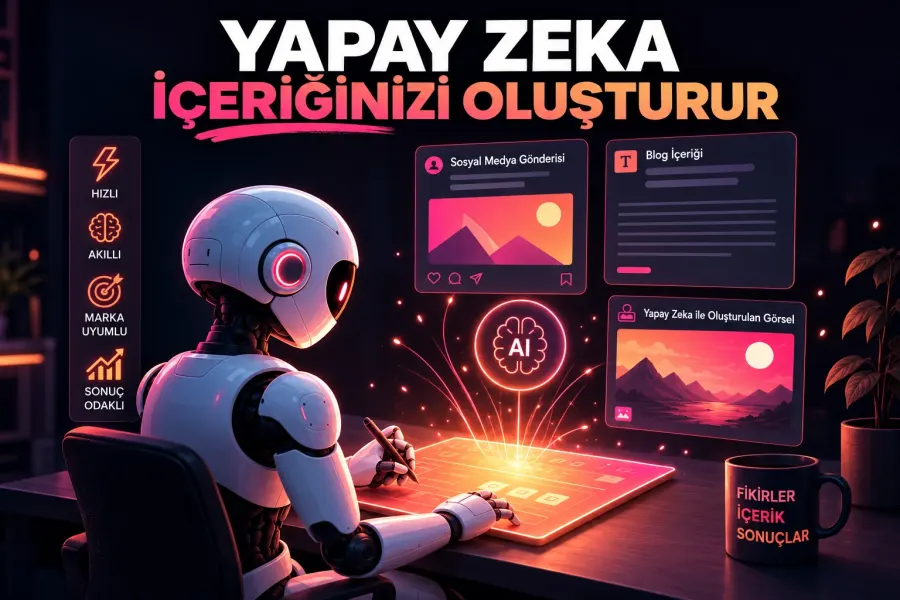 TürkWebsite yapay zeka ile içerik üretimi, sosyal medya gönderisi, SEO uyumlu blog içeriği ve yapay zeka görsel oluşturma