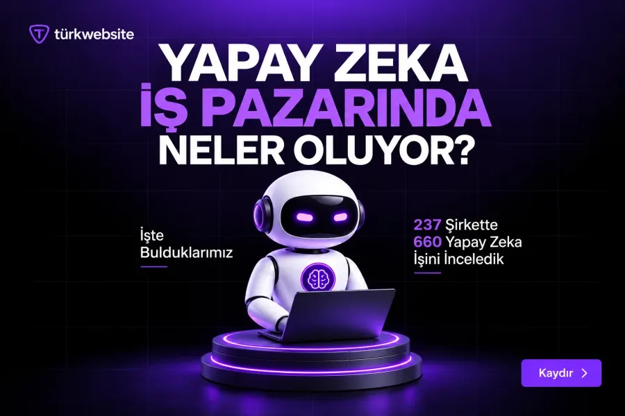 TürkWebsite yapay zeka iş piyasası analizi, yapay zeka meslekleri, istihdam araştırması ve robot asistan görseli