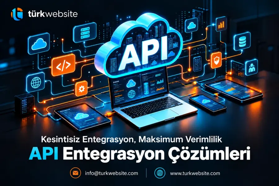 TürkWebsite API entegrasyonları, bulut sistemleri, veri tabanları ve dijital uygulamalar arasında bağlantı kuran teknoloji ağı