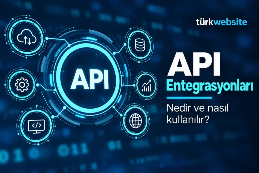 TürkWebsite güvenli API entegrasyonu, veri tabanı bağlantıları, sistem güvenliği ve yazılımlar arası veri alışverişini gösteren dijital ağ