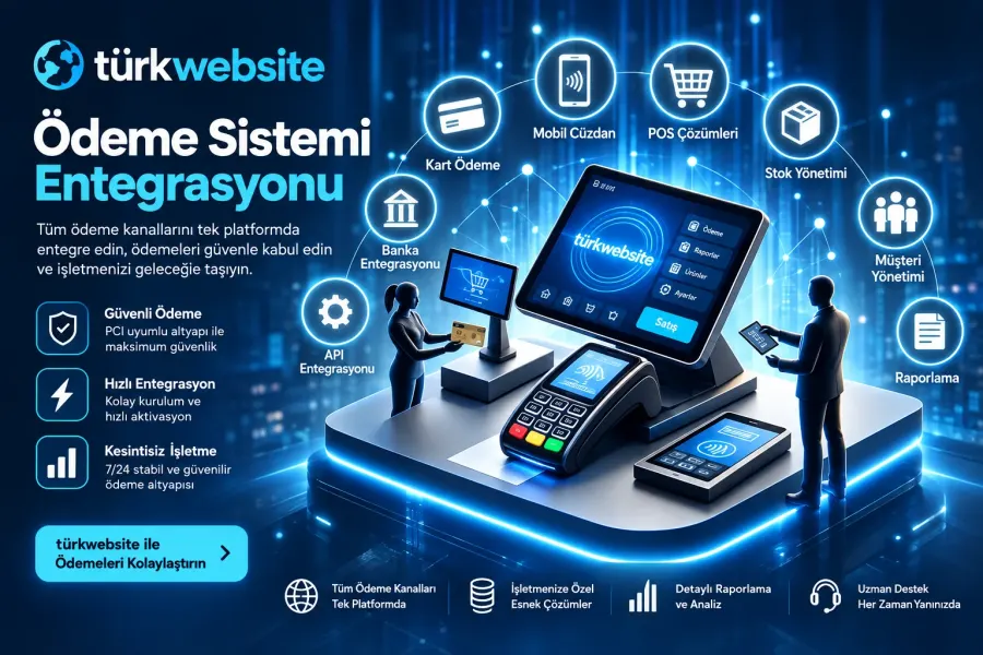 TürkWebsite ödeme sistemi entegrasyonu, sanal POS cihazı, kredi kartı ile güvenli ödeme, mobil cüzdan ve dijital tahsilat çözümleri