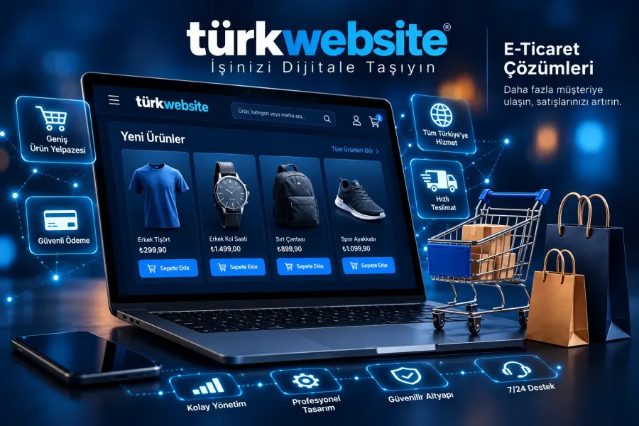TürkWebsite e-ticaret yönetimi, online satış süreçleri, kampanya ve indirim yönetimini gösteren dijital alışveriş arayüzü