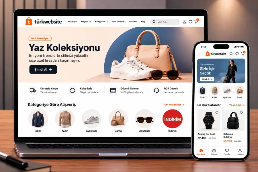 TürkWebsite e-ticaret sitesi tasarımı, ürün katalogları, alışveriş sepeti, güvenli ödeme ve online mağaza arayüzü