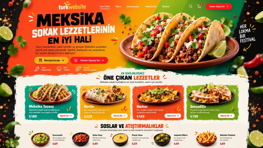 Meksika sokak lezzetleri sunan restoran için renkli ve modern web sitesi tasarımı