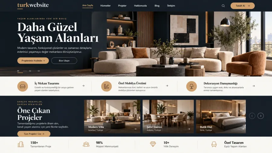 Modern iç mekan ve mimarlık projeleri için şık ve profesyonel web sitesi ana sayfa tasarımı