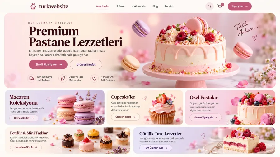 Pastel tonlarda tasarlanan Türk pastanesi için modern ve şık web sitesi ana sayfası