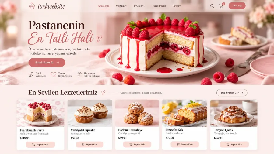 Pastel tonlarda tatlı ve pastane ürünlerini öne çıkaran zarif ve modern web sitesi tasarımı