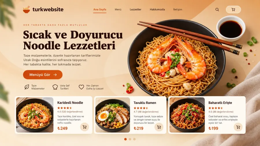 Sıcak noodle ve Asya mutfağı lezzetlerini öne çıkaran modern restoran web sitesi tasarımı