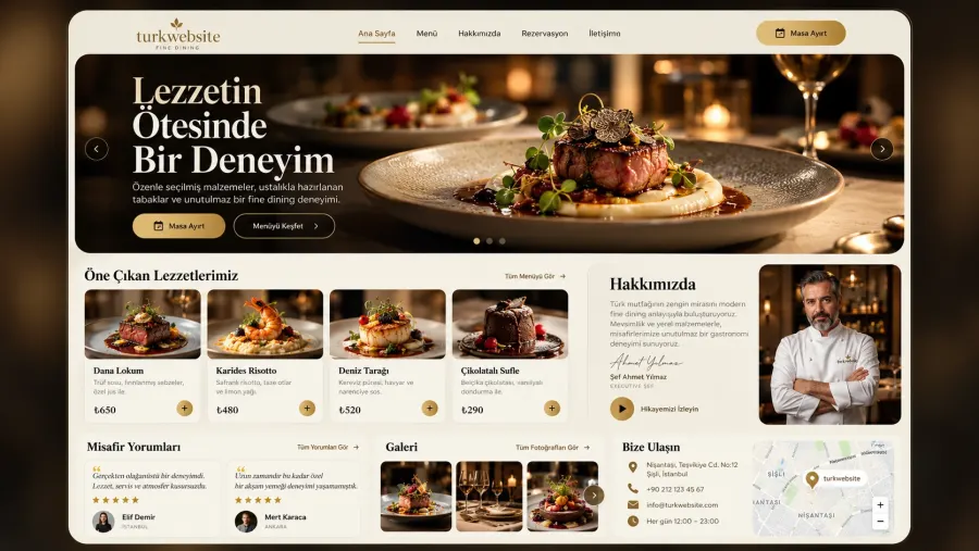 Fine dining konseptini ve zarif restoran atmosferini öne çıkaran lüks ve profesyonel web sitesi tasarımı