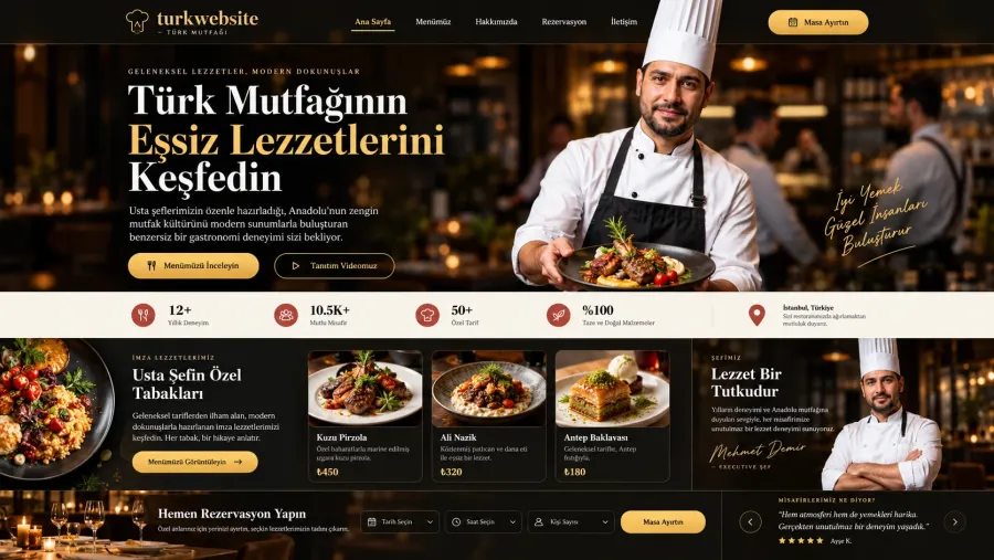 Türk mutfağının seçkin lezzetlerini öne çıkaran şık, lüks ve profesyonel restoran web sitesi tasarımı