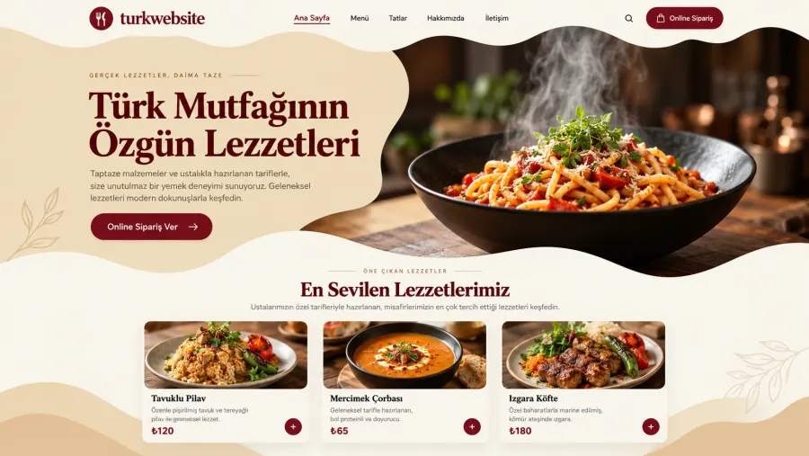 Türk mutfağının özgün ve geleneksel lezzetlerini öne çıkaran modern ve profesyonel restoran web sitesi tasarımı